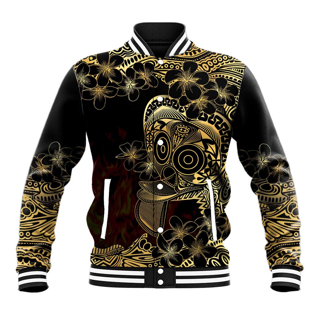Frangipani Festival Rabaul Baseball Jacket PNG Tribal Baining Mask Tattoo - Polynesian Pride