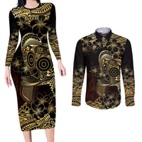Frangipani Festival Rabaul Couples Matching Long Sleeve Bodycon Dress and Long Sleeve Button Shirt PNG Tribal Baining Mask Tattoo - Polynesian Pride