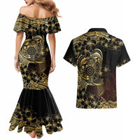 Frangipani Festival Rabaul Couples Matching Mermaid Dress and Hawaiian Shirt PNG Tribal Baining Mask Tattoo - Polynesian Pride