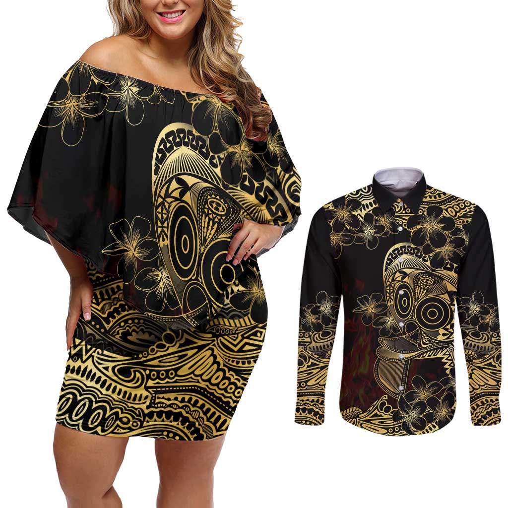 Frangipani Festival Rabaul Couples Matching Off Shoulder Short Dress and Long Sleeve Button Shirt PNG Tribal Baining Mask Tattoo - Polynesian Pride