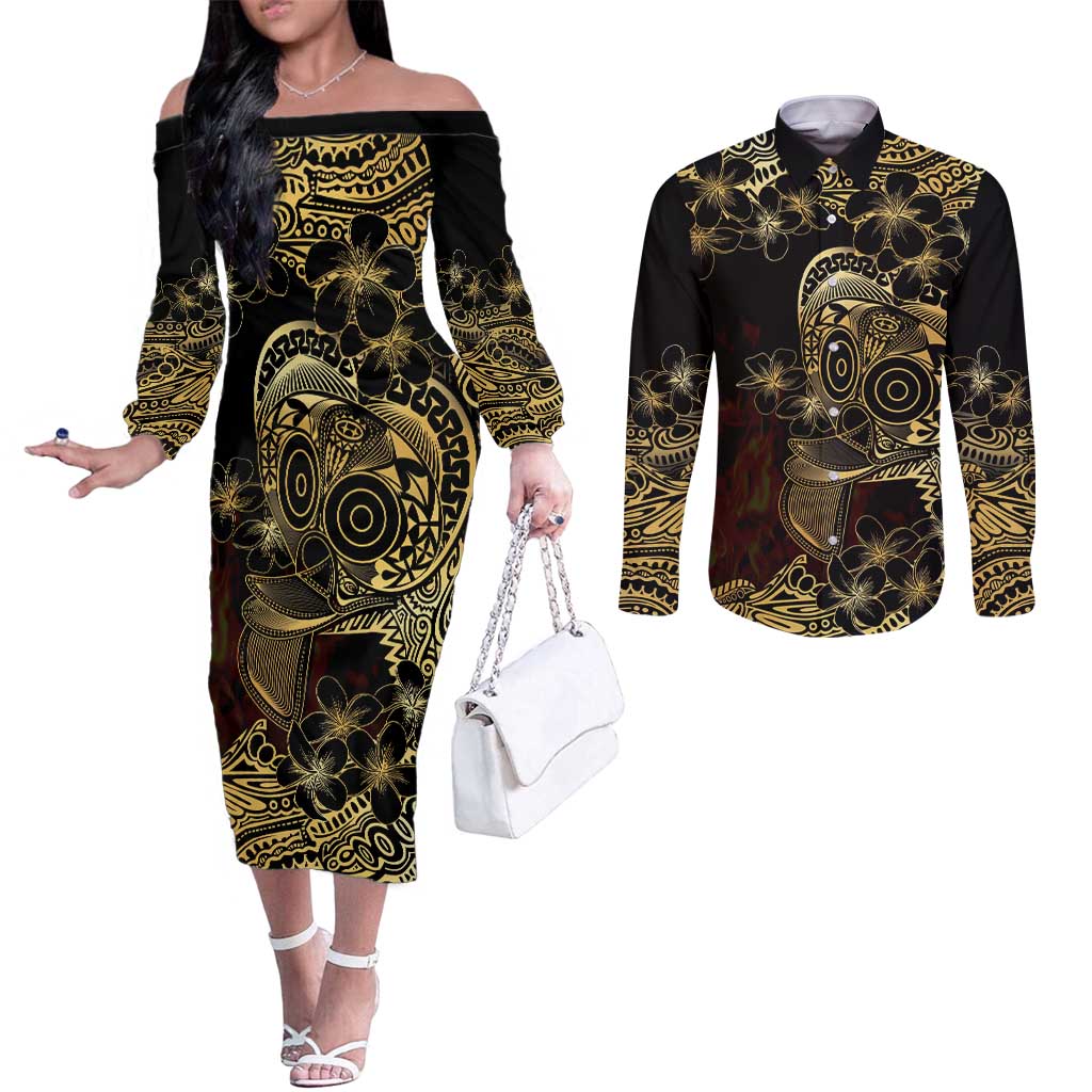 Frangipani Festival Rabaul Couples Matching Off The Shoulder Long Sleeve Dress and Long Sleeve Button Shirt PNG Tribal Baining Mask Tattoo - Polynesian Pride