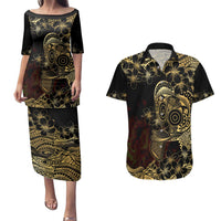 Frangipani Festival Rabaul Couples Matching Puletasi and Hawaiian Shirt PNG Tribal Baining Mask Tattoo - Polynesian Pride