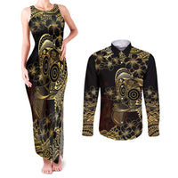 Frangipani Festival Rabaul Couples Matching Tank Maxi Dress and Long Sleeve Button Shirt PNG Tribal Baining Mask Tattoo - Polynesian Pride