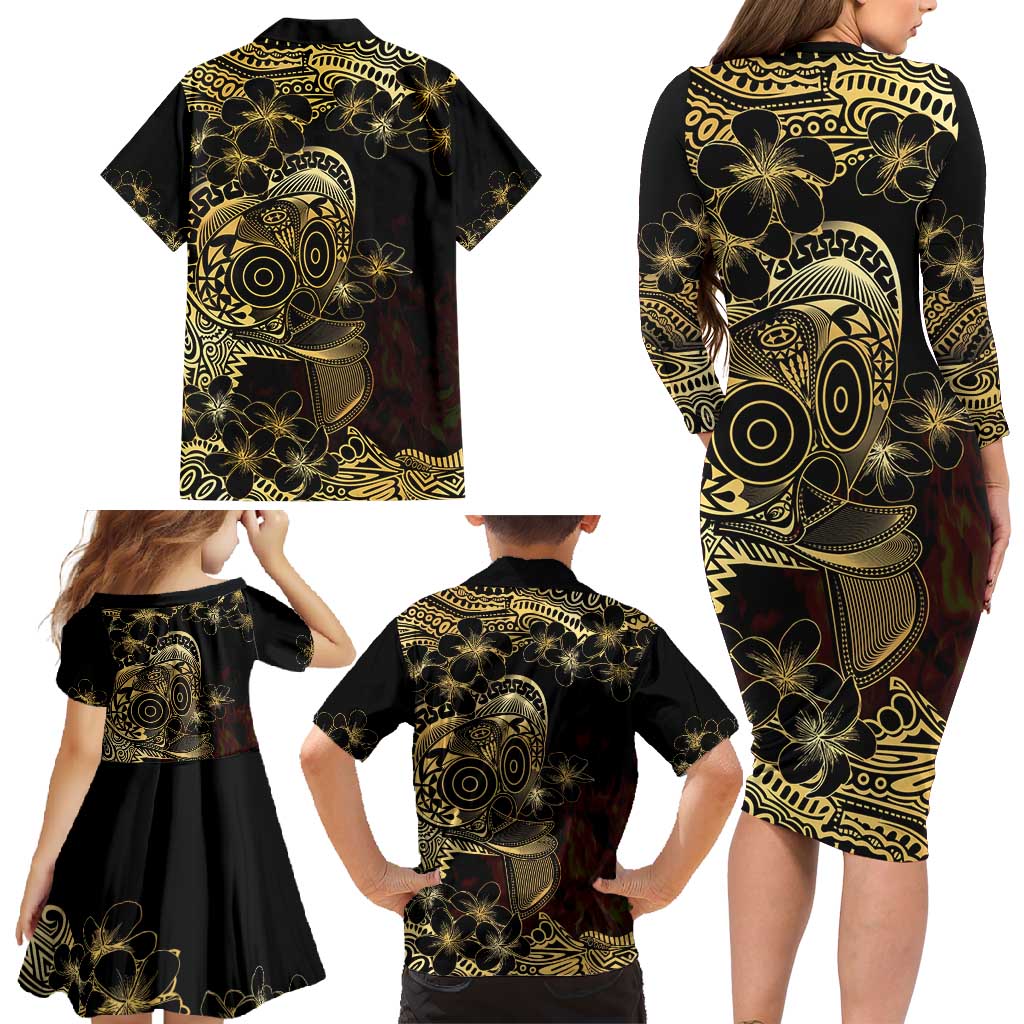Frangipani Festival Rabaul Family Matching Long Sleeve Bodycon Dress and Hawaiian Shirt PNG Tribal Baining Mask Tattoo - Polynesian Pride