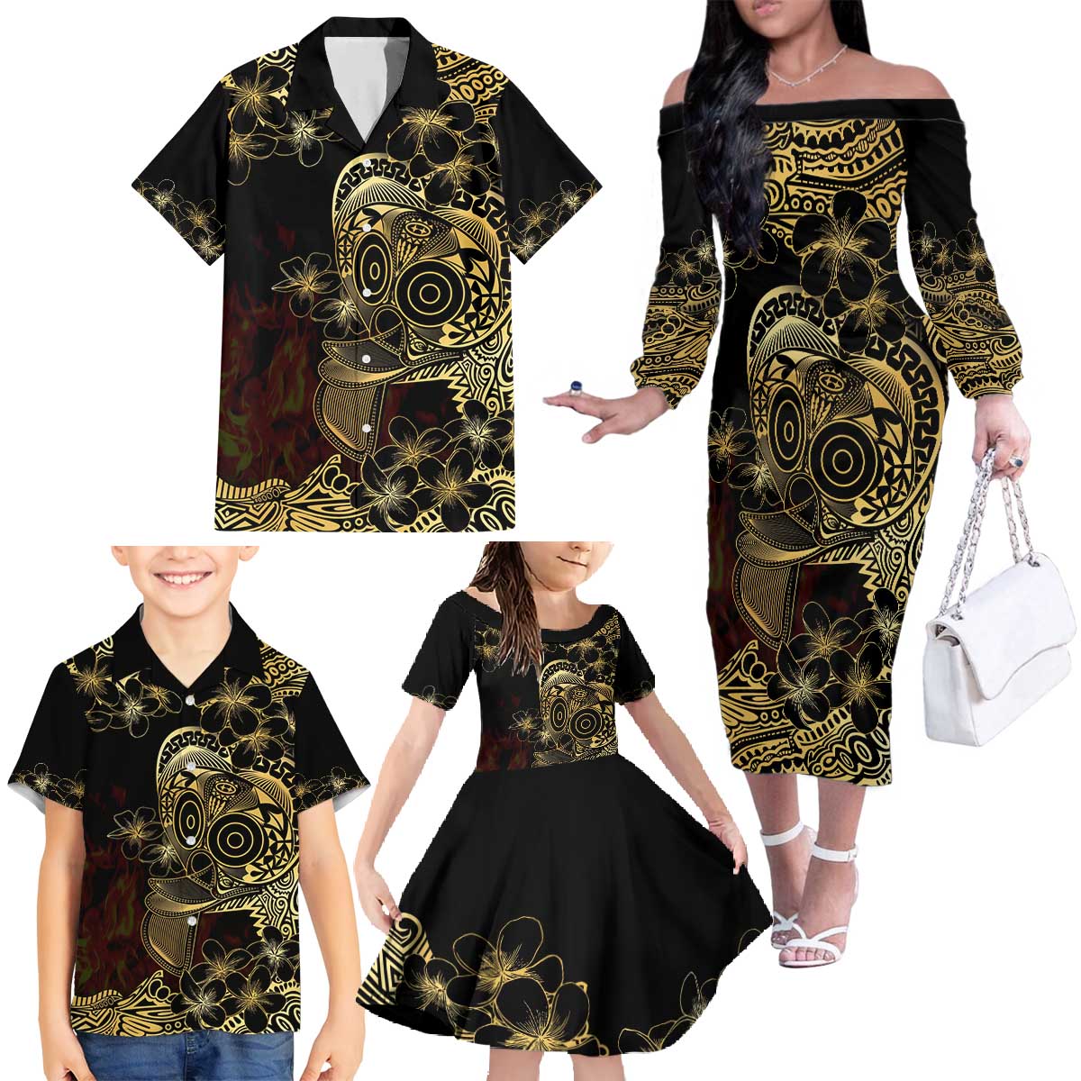 Frangipani Festival Rabaul Family Matching Off The Shoulder Long Sleeve Dress and Hawaiian Shirt PNG Tribal Baining Mask Tattoo - Polynesian Pride