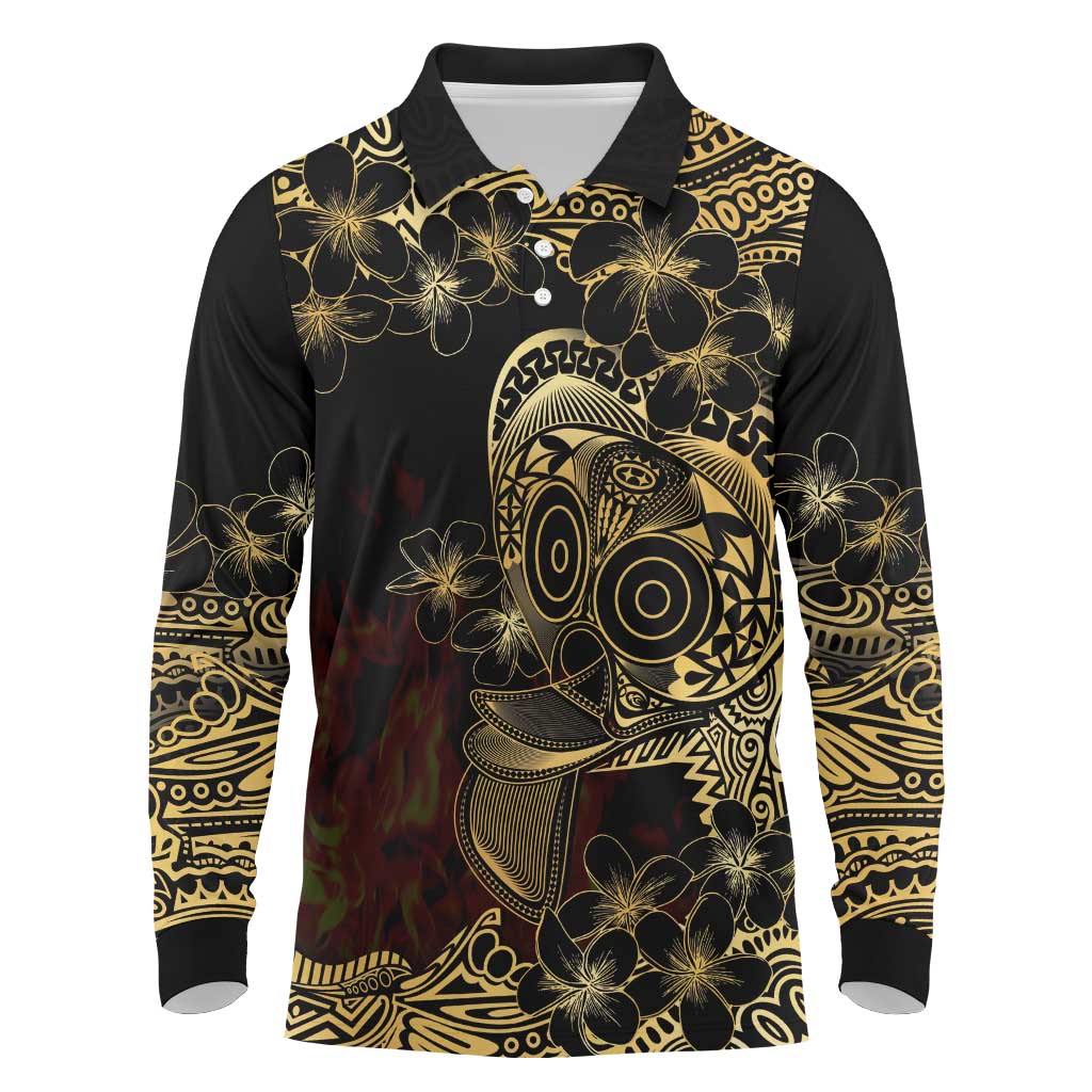 Frangipani Festival Rabaul Long Sleeve Polo Shirt PNG Tribal Baining Mask Tattoo - Polynesian Pride