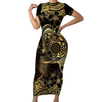 Frangipani Festival Rabaul Short Sleeve Bodycon Dress PNG Tribal Baining Mask Tattoo - Polynesian Pride