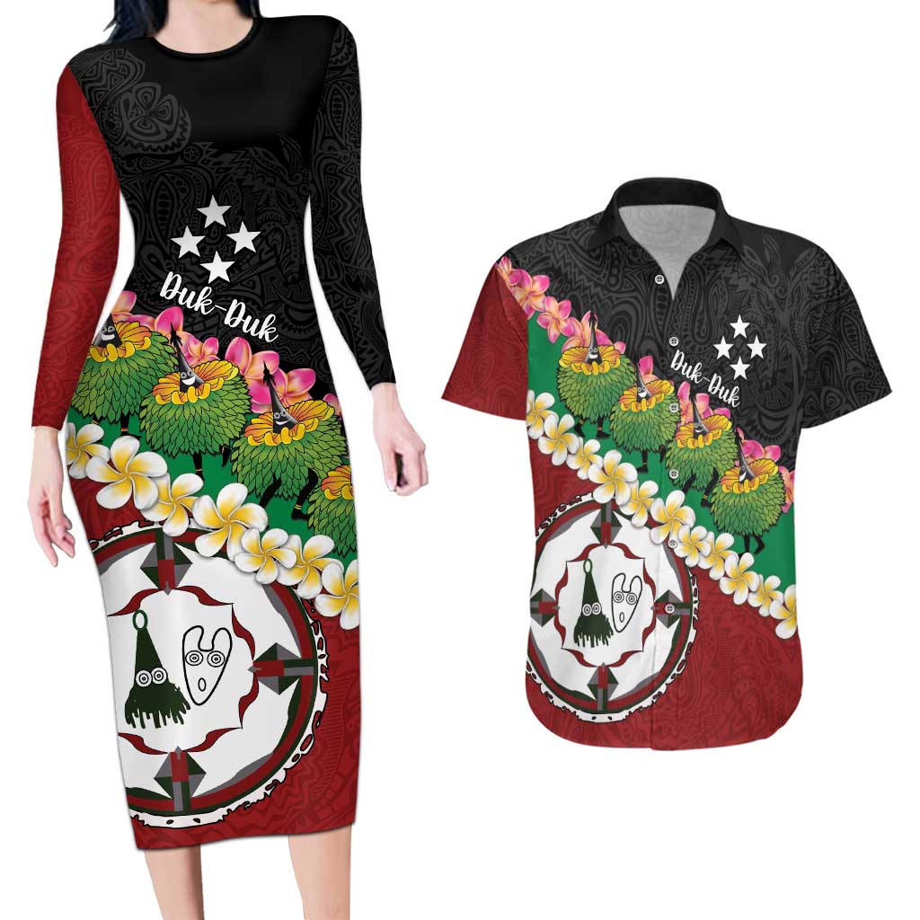 Frangipani Festival Rabaul East New Britain Couples Matching Long Sleeve Bodycon Dress and Hawaiian Shirt Dukduk Dance With Plumeria LT14 Red - Polynesian Pride