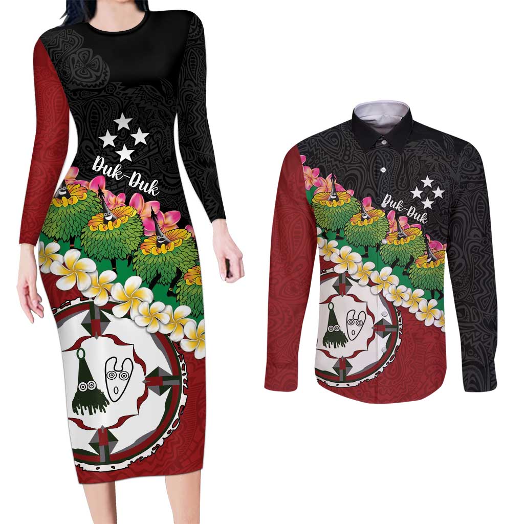 Frangipani Festival Rabaul East New Britain Couples Matching Long Sleeve Bodycon Dress and Long Sleeve Button Shirt Dukduk Dance With Plumeria LT14 Red - Polynesian Pride