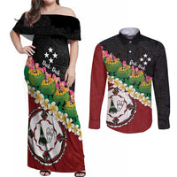 Frangipani Festival Rabaul East New Britain Couples Matching Off Shoulder Maxi Dress and Long Sleeve Button Shirt Dukduk Dance With Plumeria - Polynesian Pride