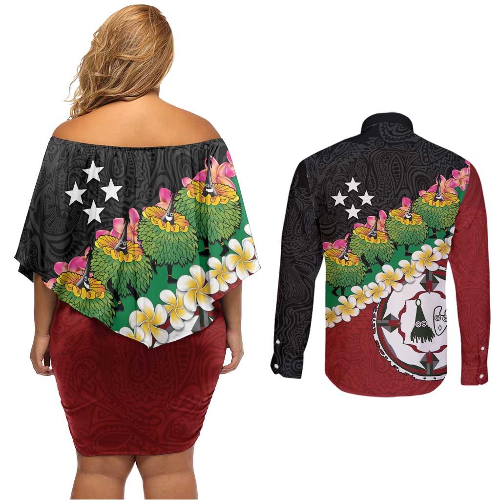 Frangipani Festival Rabaul East New Britain Couples Matching Off Shoulder Short Dress and Long Sleeve Button Shirt Dukduk Dance With Plumeria - Polynesian Pride
