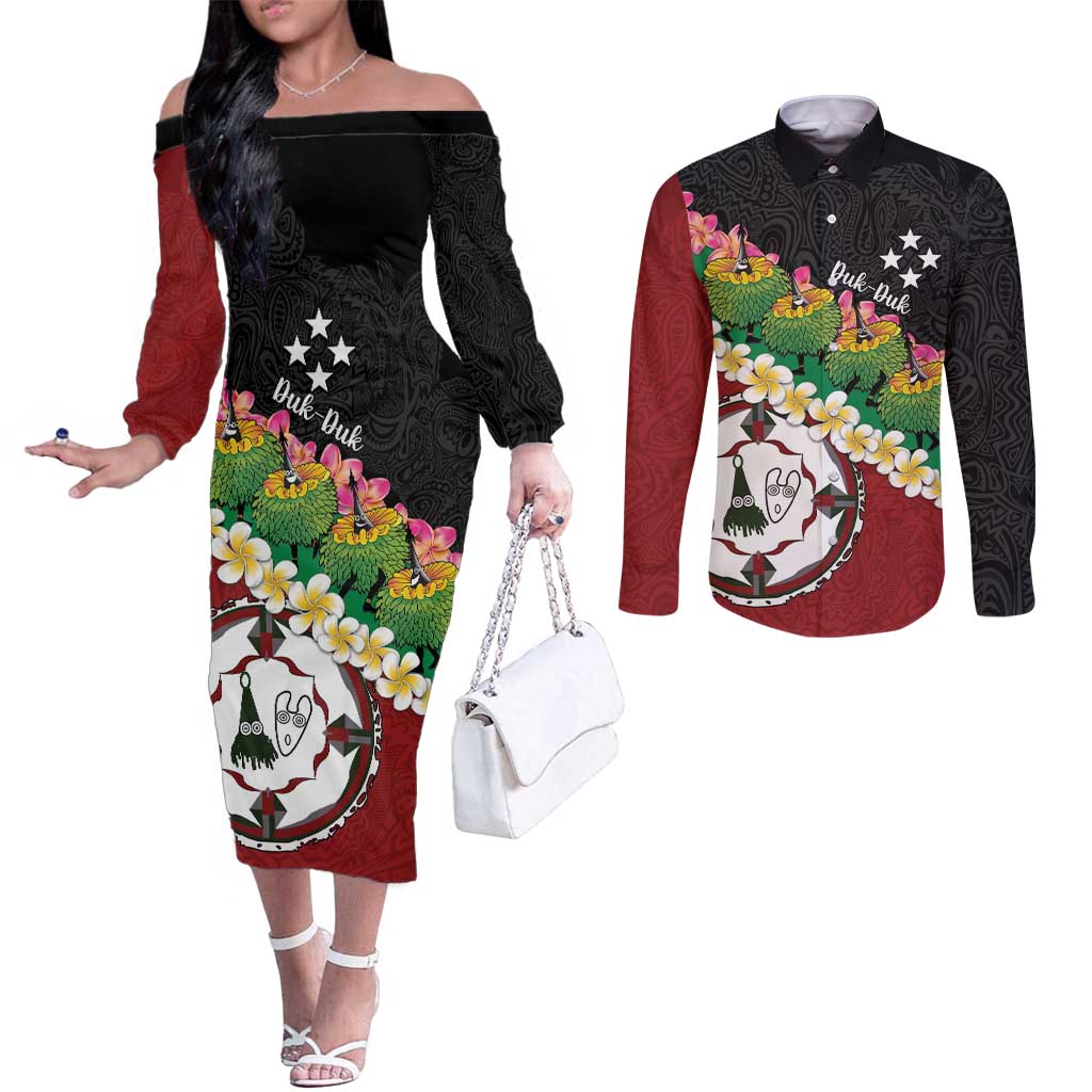 Frangipani Festival Rabaul East New Britain Couples Matching Off The Shoulder Long Sleeve Dress and Long Sleeve Button Shirt Dukduk Dance With Plumeria LT14 Red - Polynesian Pride