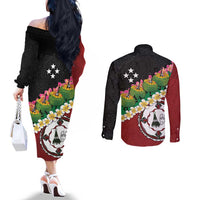Frangipani Festival Rabaul East New Britain Couples Matching Off The Shoulder Long Sleeve Dress and Long Sleeve Button Shirt Dukduk Dance With Plumeria LT14 - Polynesian Pride