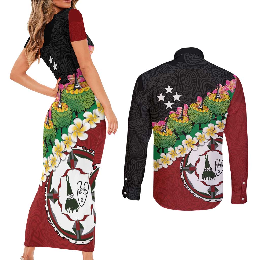 Frangipani Festival Rabaul East New Britain Couples Matching Short Sleeve Bodycon Dress and Long Sleeve Button Shirt Dukduk Dance With Plumeria LT14 - Polynesian Pride