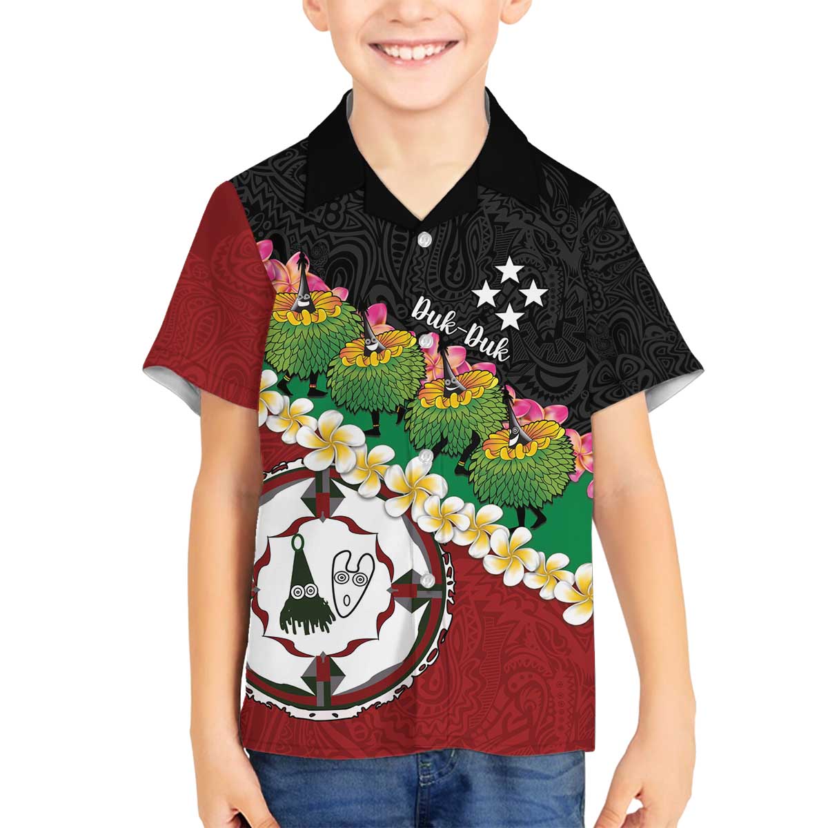 Frangipani Festival Rabaul East New Britain Family Matching Off The Shoulder Long Sleeve Dress and Hawaiian Shirt Dukduk Dance With Plumeria - Polynesian Pride