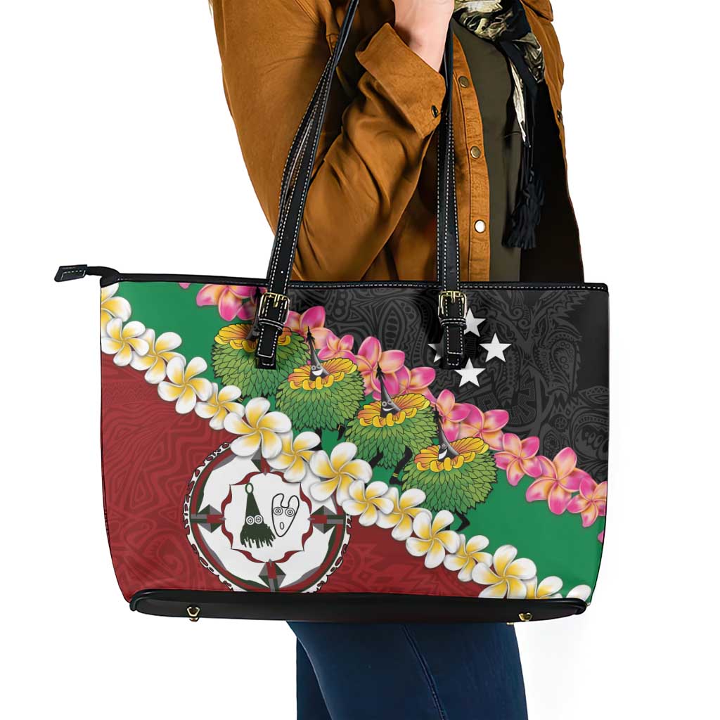 Frangipani Festival Rabaul East New Britain Leather Tote Bag Dukduk Dance With Plumeria LT14 - Polynesian Pride