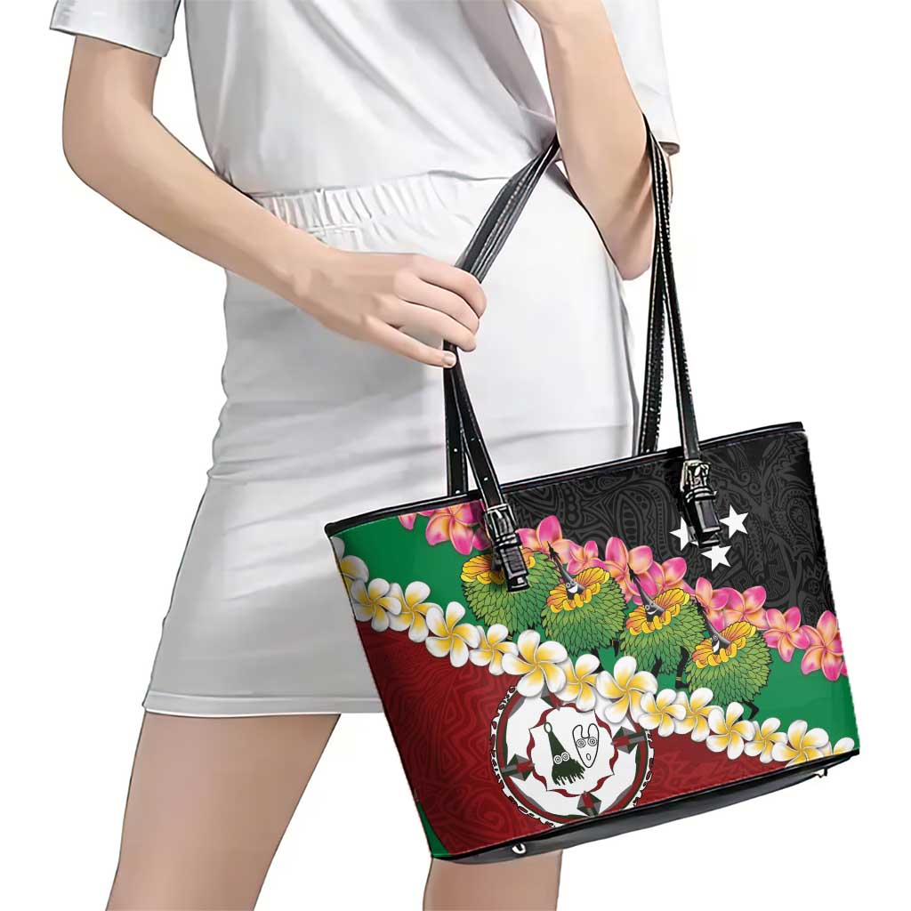 Frangipani Festival Rabaul East New Britain Leather Tote Bag Dukduk Dance With Plumeria LT14 - Polynesian Pride