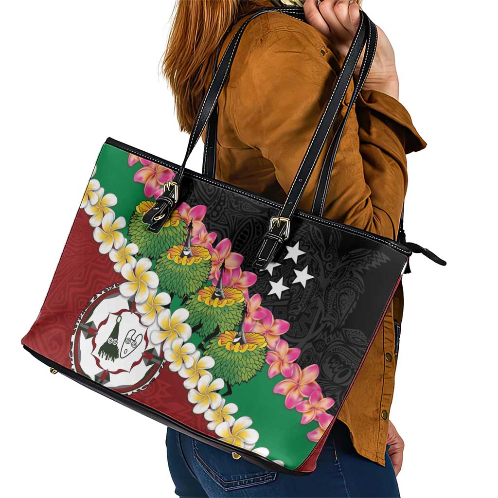 Frangipani Festival Rabaul East New Britain Leather Tote Bag Dukduk Dance With Plumeria LT14 - Polynesian Pride