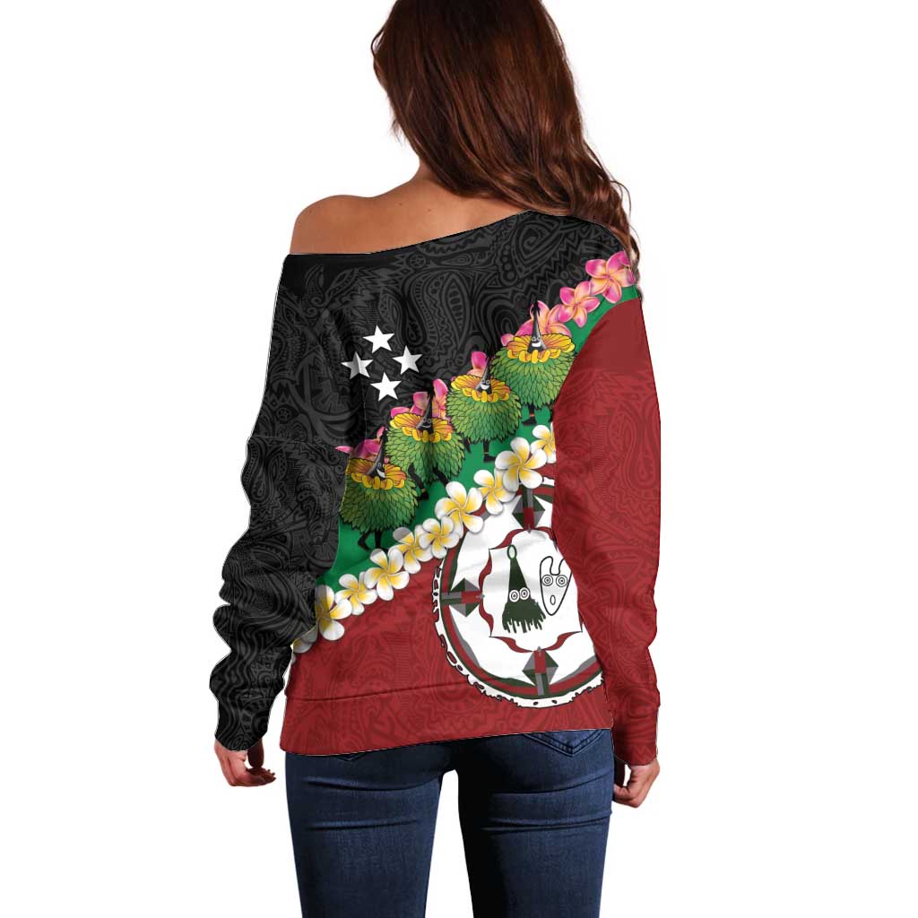 Frangipani Festival Rabaul East New Britain Off Shoulder Sweater Dukduk Dance With Plumeria - Polynesian Pride