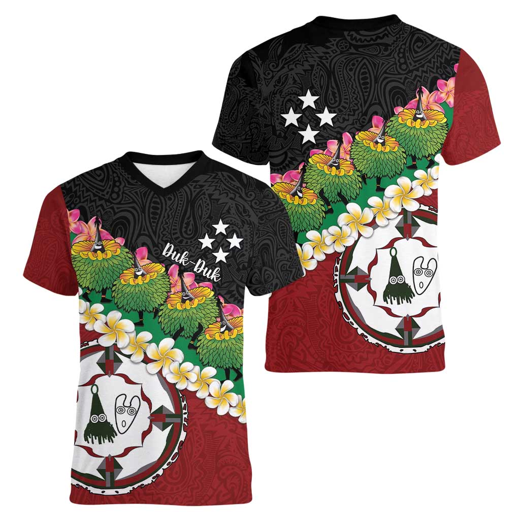 Frangipani Festival Rabaul East New Britain Women V-Neck T-Shirt Dukduk Dance With Plumeria - Polynesian Pride