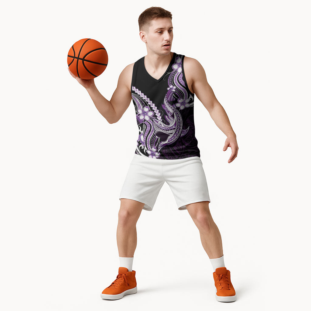 Purple Black Aloha Hawaii Basketball Jersey Polynesian Shark Tattoo Plumeria