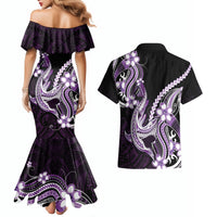 Purple Black Aloha Hawaii Couples Matching Mermaid Dress and Hawaiian Shirt Polynesian Shark Tattoo Plumeria LT14 - Polynesian Pride