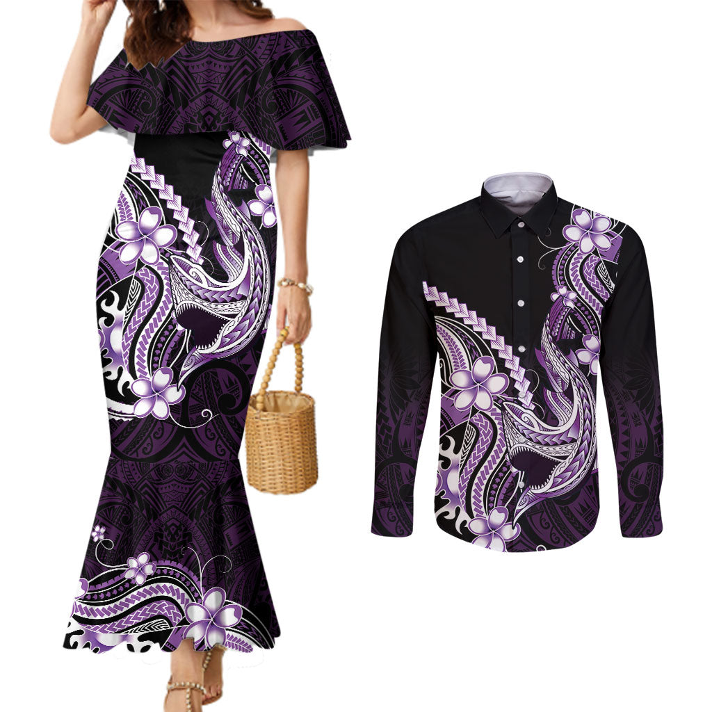 Purple Black Aloha Hawaii Couples Matching Mermaid Dress and Long Sleeve Button Shirt Polynesian Shark Tattoo Plumeria LT14 Purple - Polynesian Pride