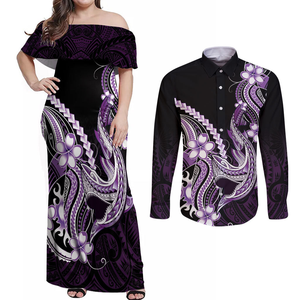 Purple Black Aloha Hawaii Couples Matching Off Shoulder Maxi Dress and Long Sleeve Button Shirt Polynesian Shark Tattoo Plumeria LT14 Purple - Polynesian Pride