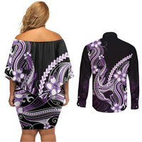Purple Black Aloha Hawaii Couples Matching Off Shoulder Short Dress and Long Sleeve Button Shirt Polynesian Shark Tattoo Plumeria LT14 - Polynesian Pride