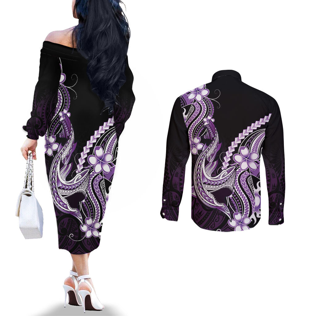 Purple Black Aloha Hawaii Couples Matching Off The Shoulder Long Sleeve Dress and Long Sleeve Button Shirt Polynesian Shark Tattoo Plumeria LT14 - Polynesian Pride