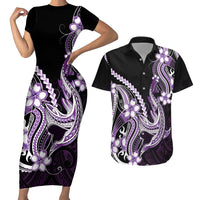 Purple Black Aloha Hawaii Couples Matching Short Sleeve Bodycon Dress and Hawaiian Shirt Polynesian Shark Tattoo Plumeria LT14 Purple - Polynesian Pride