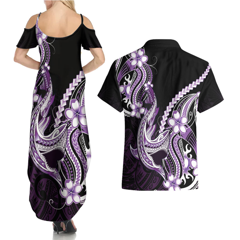 Purple Black Aloha Hawaii Couples Matching Summer Maxi Dress and Hawaiian Shirt Polynesian Shark Tattoo Plumeria LT14 - Polynesian Pride