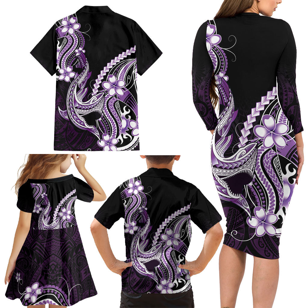 Purple Black Aloha Hawaii Family Matching Long Sleeve Bodycon Dress and Hawaiian Shirt Polynesian Shark Tattoo Plumeria LT14 - Polynesian Pride