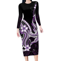 Purple Black Aloha Hawaii Family Matching Long Sleeve Bodycon Dress and Hawaiian Shirt Polynesian Shark Tattoo Plumeria LT14 Mom's Dress Purple - Polynesian Pride