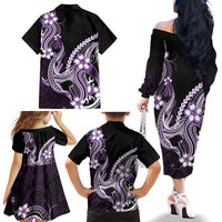 Purple Black Aloha Hawaii Family Matching Off The Shoulder Long Sleeve Dress and Hawaiian Shirt Polynesian Shark Tattoo Plumeria LT14 - Polynesian Pride