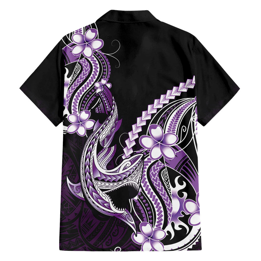 Purple Black Aloha Hawaii Family Matching Off The Shoulder Long Sleeve Dress and Hawaiian Shirt Polynesian Shark Tattoo Plumeria LT14 - Polynesian Pride