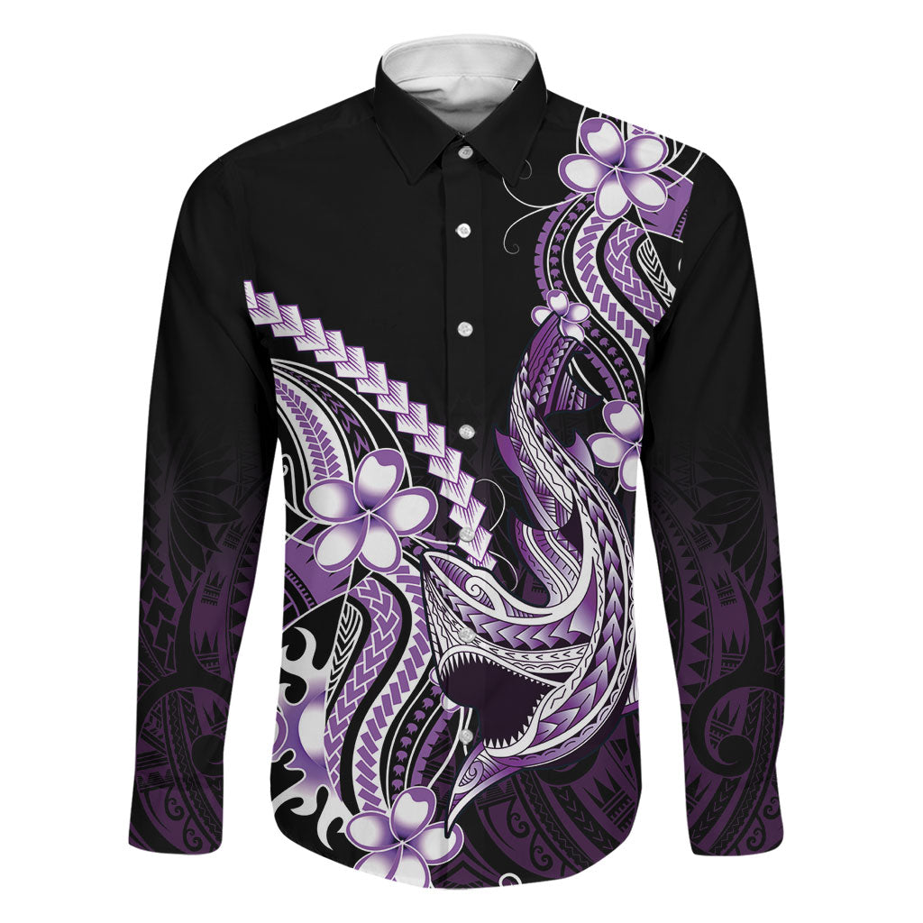 Purple Black Aloha Hawaii Family Matching Off Shoulder Maxi Dress and Hawaiian Shirt Polynesian Shark Tattoo Plumeria LT14 Dad's Shirt - Long Sleeve Purple - Polynesian Pride