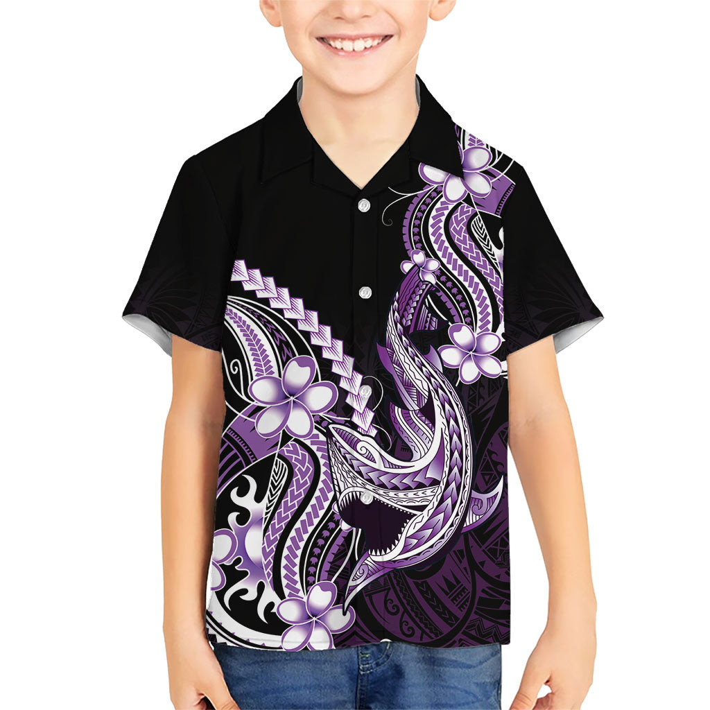 Purple Black Aloha Hawaii Family Matching Off Shoulder Maxi Dress and Hawaiian Shirt Polynesian Shark Tattoo Plumeria LT14 Son's Shirt Purple - Polynesian Pride