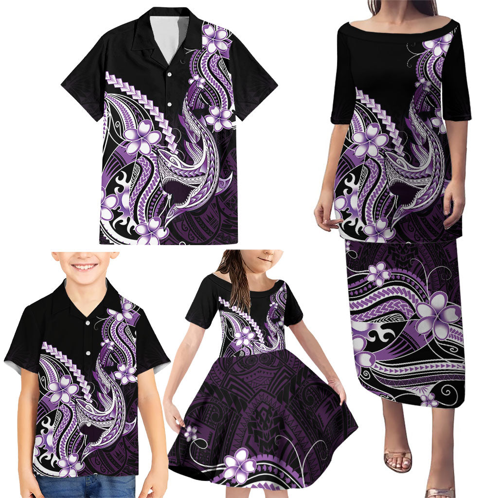 Purple Black Aloha Hawaii Family Matching Puletasi and Hawaiian Shirt Polynesian Shark Tattoo Plumeria LT14 - Polynesian Pride