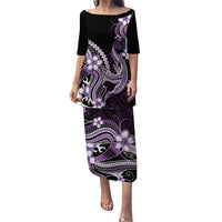 Purple Black Aloha Hawaii Family Matching Puletasi and Hawaiian Shirt Polynesian Shark Tattoo Plumeria LT14 Mom's Dress Purple - Polynesian Pride