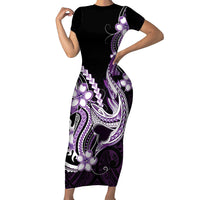 Purple Black Aloha Hawaii Family Matching Short Sleeve Bodycon Dress and Hawaiian Shirt Polynesian Shark Tattoo Plumeria LT14 Mom's Dress Purple - Polynesian Pride