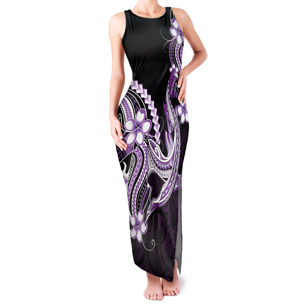 Purple Black Aloha Hawaii Family Matching Tank Maxi Dress and Hawaiian Shirt Polynesian Shark Tattoo Plumeria LT14 Mom's Dress Purple - Polynesian Pride