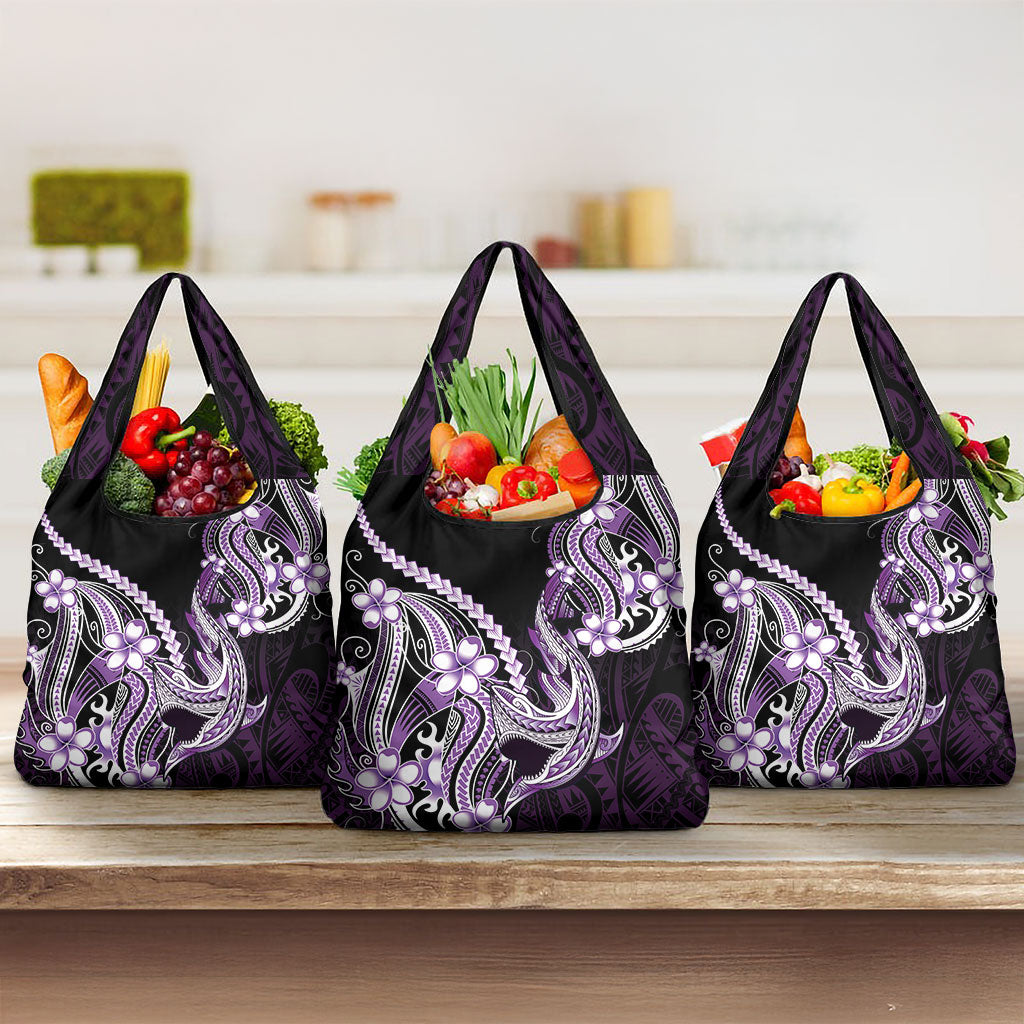 Purple Black Aloha Hawaii Grocery Bag Polynesian Shark Tattoo Plumeria