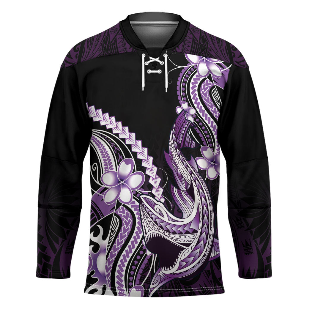 Purple Black Aloha Hawaii Hockey Jersey Polynesian Shark Tattoo Plumeria