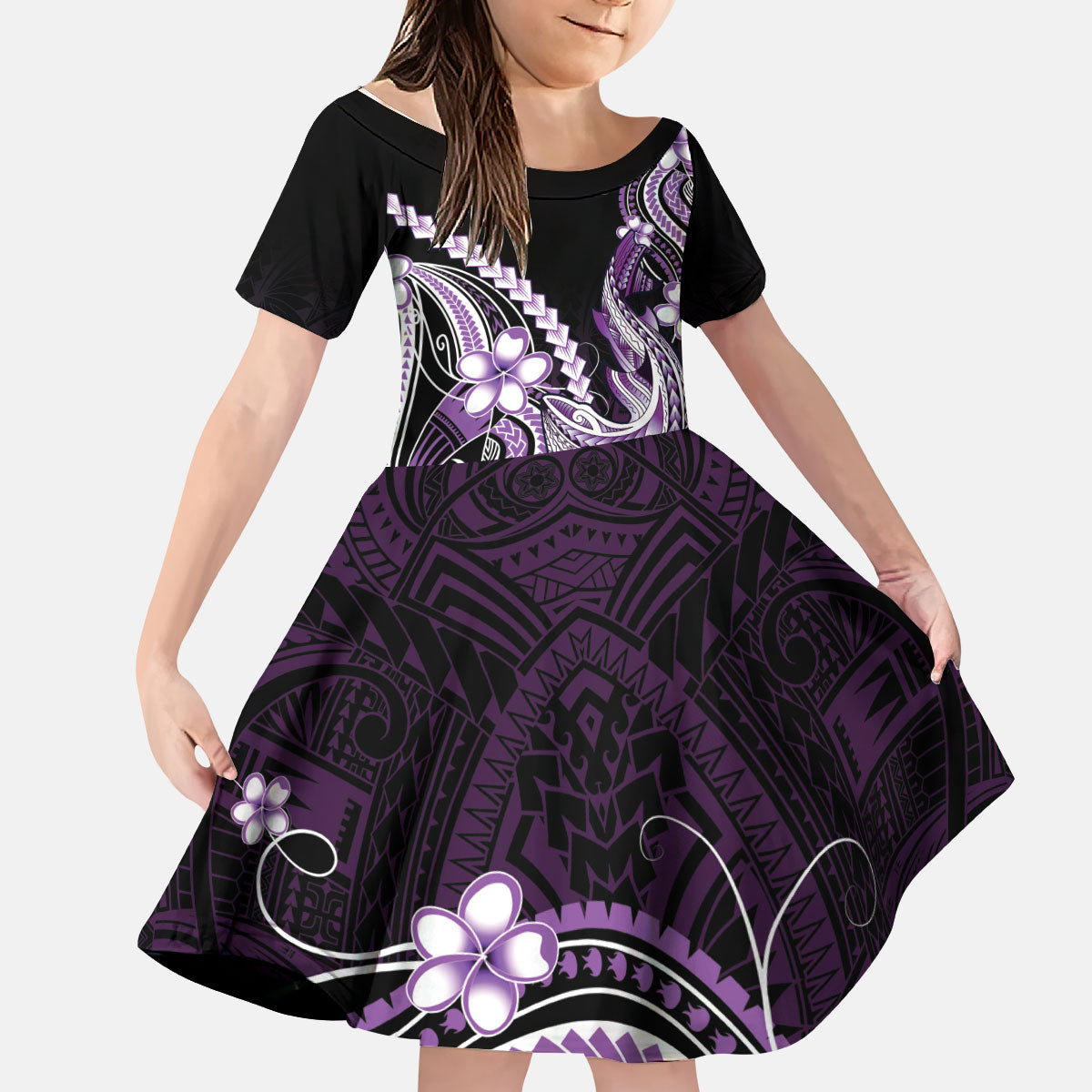 Purple Black Aloha Hawaii Kid Short Sleeve Dress Polynesian Shark Tattoo Plumeria LT14 KID Purple - Polynesian Pride
