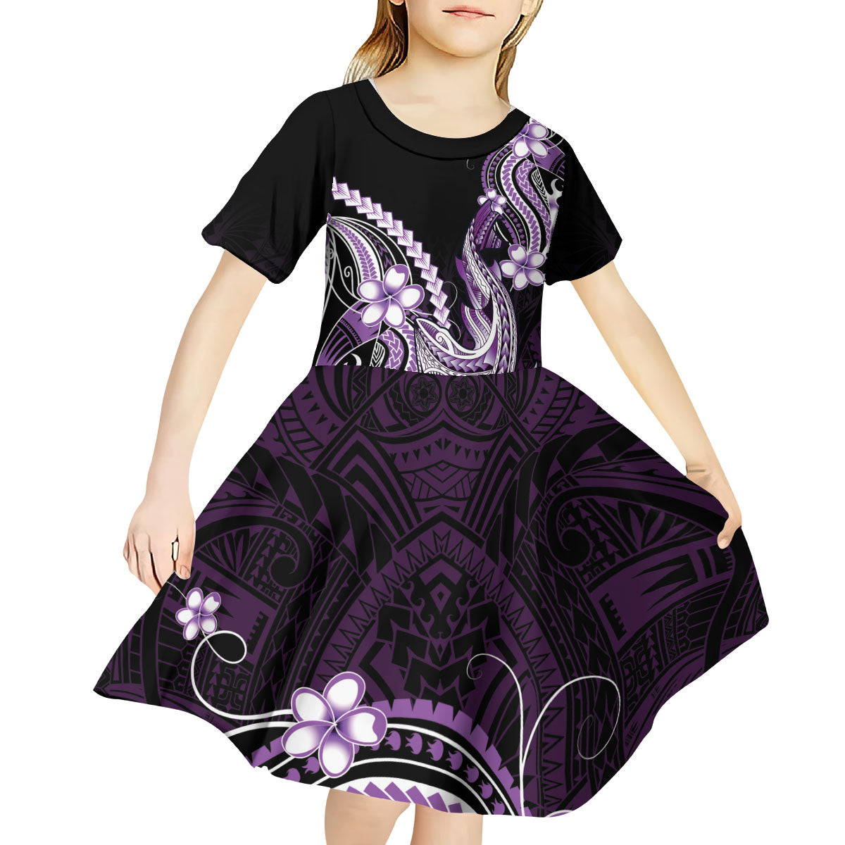 Purple Black Aloha Hawaii Kid Short Sleeve Dress Polynesian Shark Tattoo Plumeria LT14 - Polynesian Pride