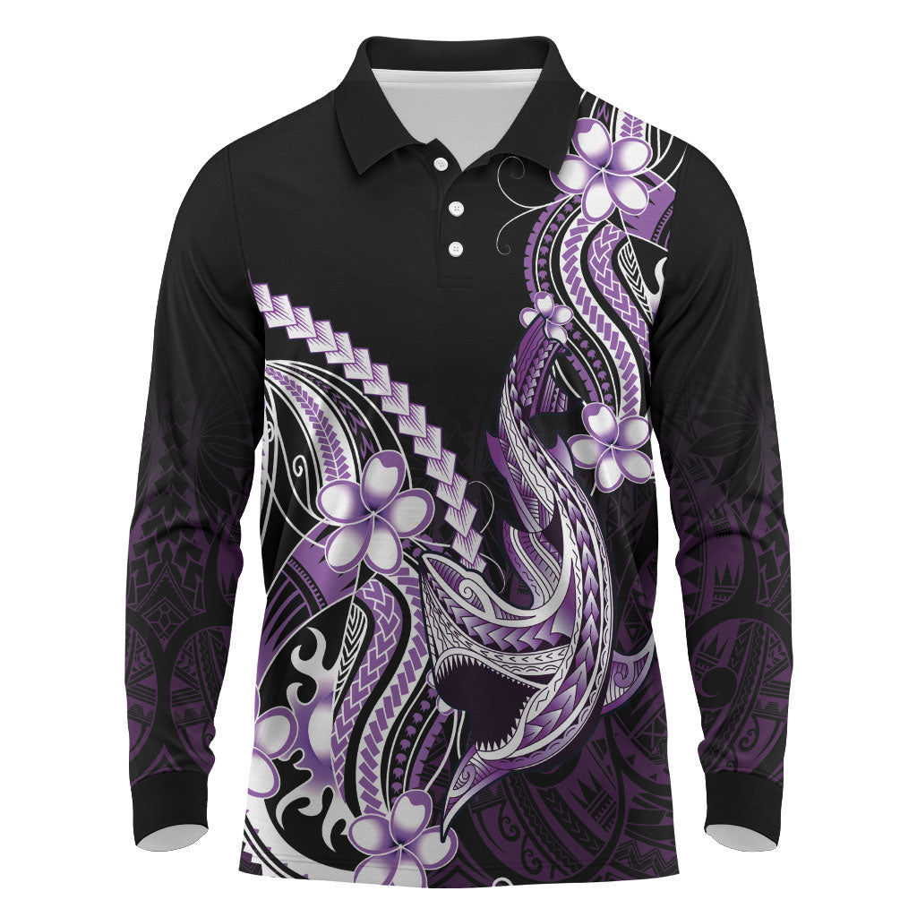 Purple Black Aloha Hawaii Long Sleeve Polo Shirt Polynesian Shark Tattoo Plumeria