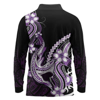 Purple Black Aloha Hawaii Long Sleeve Polo Shirt Polynesian Shark Tattoo Plumeria LT14 - Polynesian Pride