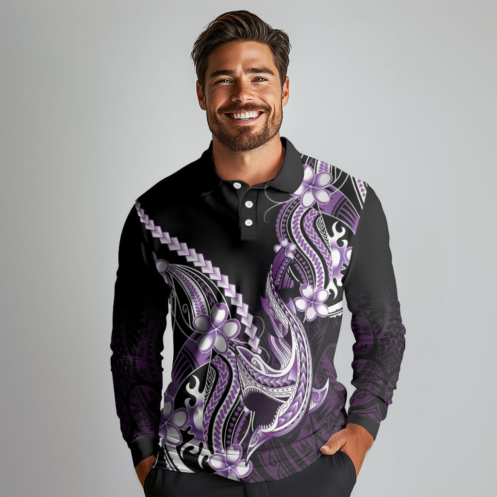 Purple Black Aloha Hawaii Long Sleeve Polo Shirt Polynesian Shark Tattoo Plumeria LT14 - Polynesian Pride