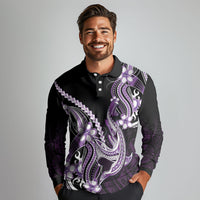 Purple Black Aloha Hawaii Long Sleeve Polo Shirt Polynesian Shark Tattoo Plumeria LT14 - Polynesian Pride